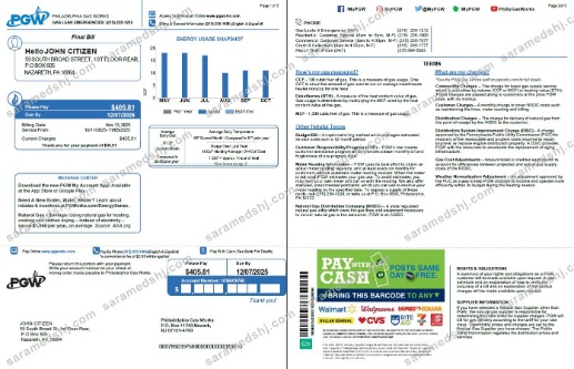 USA Philadelphia Gas Works utility bill template in Word and PDF formats, 3 pages, 1-2 pages